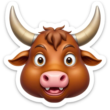 Cinematic Comical Domestic Ox Portrait Emoji, Head tilted dramatically with an exaggeratedly amused expression, featuring a striking, glossy hide with boldly curved horns and wide, expressive eyes brimming with playful disbelief, Simplified yet hilariously expressive features, highly detailed, glowing with a slightly sassy earthy glow, high shine, dramatic yet playful, stylized with an air of cheeky rural mischief, soft glowing outline, capturing the essence of a spirited and over-the-top ox that looks ready to charge its way into internet fame instantly! sticker