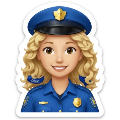 Female POLICE IN blue, long blonde curly hair, happy smile sticker