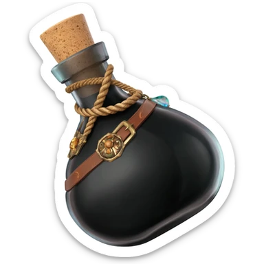 a black potion bottle a little rotated with a cork and decorations on the bottle like ropes and belts and random stuff sticker