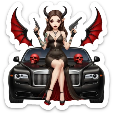 Lilith model red eye sexy black  devil horns.  long brown haired sexy succubus woman with leather long dress slit, sitting on rolls Royce. Wearing Black Platform high heels on feet. Tattoo sleeve arms, dead human skull of her ex skull is on top of stack of cash and a gun in  hand sticker