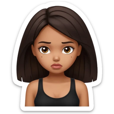 generate a pretty fair bratz girl with long dark brown hair looking sad. Wearing a black cami sticker