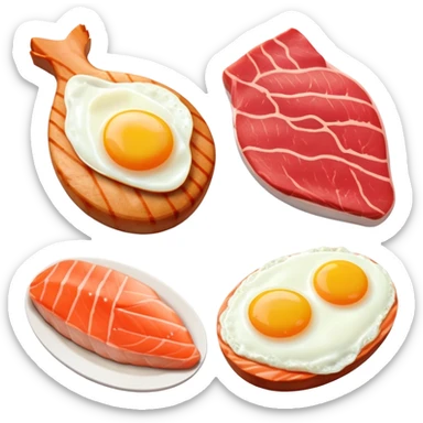 Four separate protein icons: a golden glowing chicken breast, a red meat steak, a smaller salmon fillet, and an egg, each with a subtle DNA strand behind it and muscle fiber pattern around the edges sticker