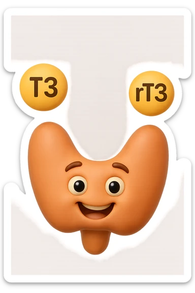 EMOJI STILE IPHONE 3D DI ormoni tiroidei (T3 ed rT3) che fluttuano in aria intorno ad una tiroide felice, iperrealistico 4k sticker