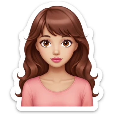 cute lady, light tan skin, big dark brown eyes, very long wavy auburn hair, bangs, pink top, coral lipstick sticker