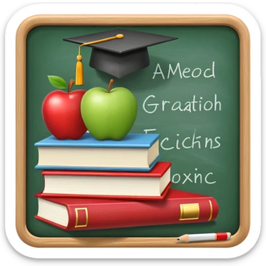 An icon featuring a chalkboard with educational equations, an apple, and a pencil, symbolizing pedagogy. The design includes a stack of books and a graduation cap, representing teaching and learning. Transparent background highlights the dedication to education and mentorship. sticker