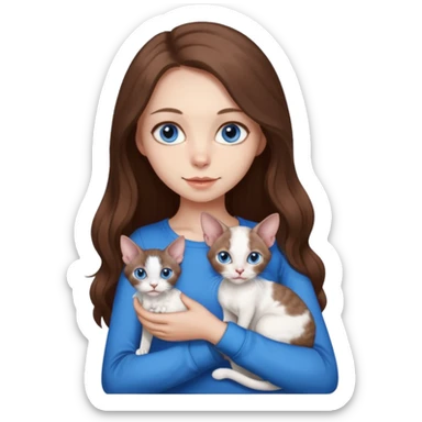 beautiful skinny girl with long brown hair and blue eyes in dark long sleeve is holding a devon rex white cat with blue eyes. the colors of cat’s and girl’s eyes are the same.  sticker