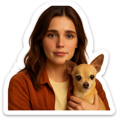 Portrait centered for Instagram profile picture inspired by the facial features visible in the reference images, with a tanned complexion, subtle freckles, shirt color #FFF8CA, rust-colored jacket, medium-length brown hair with auburn highlights, expression tender and moved, holding a beige-brown chihuahua, Netflix series style, transparent background, intimate Tenerife ambiance. sticker