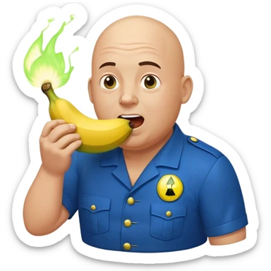 bald a bit fat man in a blue uniform eating radioactive banana sticker