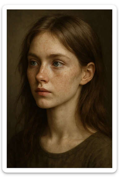 girl with dusty brown hair, sharp blue eyes, pale skin with freckles, looking to the side sticker
