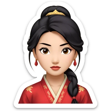 Cinematic Realistic Mulan Portrait, depicted with lifelike skin texture, soft natural lighting, and intricately detailed long black hair styled elegantly. Her deep, expressive eyes exude determination and grace, complemented by a serene yet confident expression. She is dressed in her classic attire, with rich fabric textures and delicate folds that catch the light beautifully. The portrait features a soft, enchanting glow with a natural, radiant finish, capturing the essence of timeless strength and beauty in a realistic and painterly style, evoking a sense of depth and authenticity. sticker