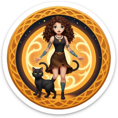 woman with long curly brown hair, brown eyes, white skin, tattoos, black cat stepping out of a glowing portal circle sticker