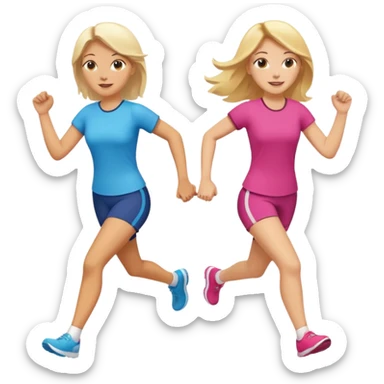 2 white women running holding hands one blonde one brunette sticker