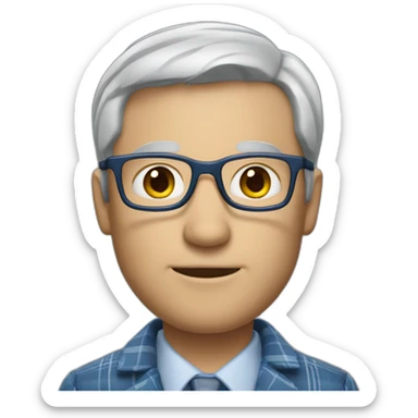 White man, short grey hair with no part, glasses, plaid business shirt, plain blue sports coat. sticker