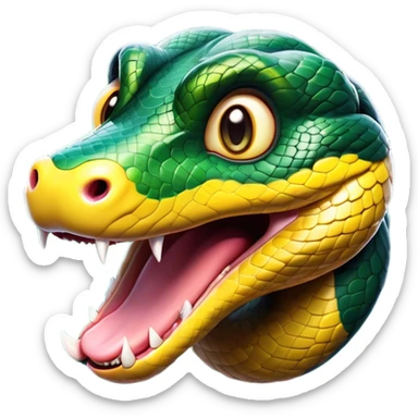 Cinematic Comical Anaconda Portrait Emoji, Head tilted dramatically with an exaggeratedly shocked expression, featuring a robust, patterned body with wide, comically expressive eyes full of humorous disbelief, Simplified yet hilariously expressive features, highly detailed, glowing with a slightly sassy jungle glow, high shine, dramatic yet playful, stylized with an air of quirky reptilian attitude, soft glowing outline, capturing the essence of a meme-worthy anaconda that looks ready to side-eye its way into viral fame! sticker