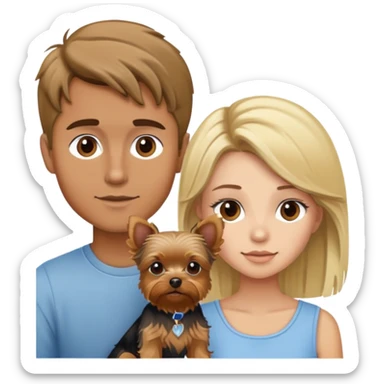 tan boy with brown hair and blonde girl with yorkie sticker