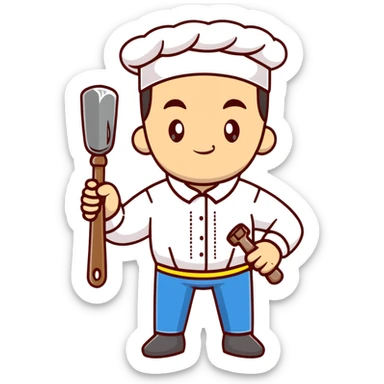 Ukrainian man wearing traditional white embroidered shirt (vyshyvanka) holding a hammer in one hand and a kitchen ladle in the other hand sticker