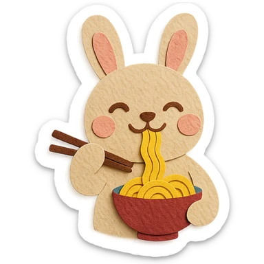 beige bunny happily slurping noodles, holding proper chopsticks, paper-craft style sticker