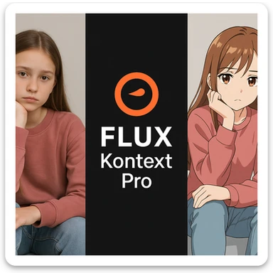 create before after image of a girl before is realsitic photo, after is anime version of her in same pose and clothes, add logo with text of a "FLUX Kontext Pro" in middle in big, black background sticker