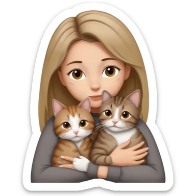 Une femme avec les cheveux dégradée, brun et blond, qui fait un câlin à son chat gris, tigré avec les extrémités que pattes pointe d’oreilles noires et le dessous du menton blanc la fille n’a pas d’oreilles, il n’y a qu’un seul chat sticker