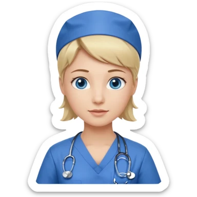 Nurse blue eyes short blond blue scrubs no hat sticker