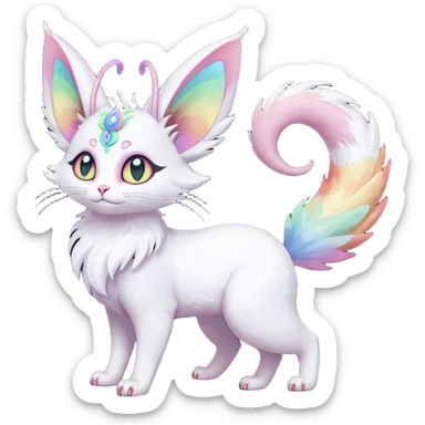 Pure-snow-White albino iridescent with pastel rainbow-gradients-color-markings with swirly patterns butterflies  faerie-Noivern-Noibat-Purloin-Torracat-Lykoi-Caracal-cat-Fakemon-fusion-hybrid-creature sticker