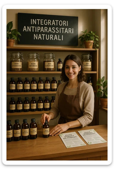 A realistic, well-lit herbal supplement store interior with wooden shelves neatly displaying glass jars and bottles labeled as ‘Chiodi di Garofano’, ‘Acido Butirrico’, and ‘Semi di Pompelmo’, organized in a clean and aesthetic manner. Small handwritten chalkboard signs indicate ‘Natural Antiparasitic Supplements’ above the section. The environment feels warm and trustworthy, with potted green plants adding freshness and a subtle sunlight entering through a window. A young shop assistant with a welcoming smile arranges the products, while informational leaflets about natural parasite cleansing are visible on a wooden counter, creating a holistic and health-conscious atmosphere in Italiano sticker