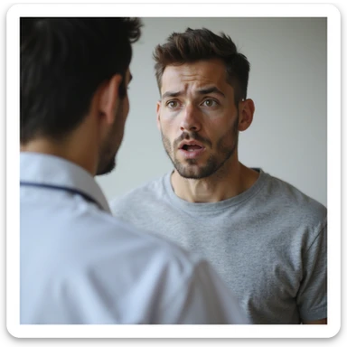 realistic 28-year-old man receiving celiac disease diagnosis from doctor, incredulous or shocked expression, clinical environment sticker