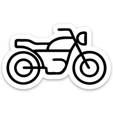 Motorcycle outline, side view with visible wheels, handlebars, and seat sticker