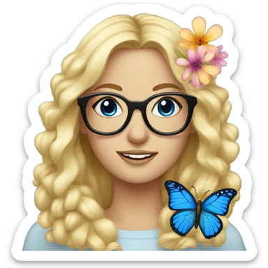 Gorgeous blond lady blue eyes with flowers and butterflies wearing glasses  sticker