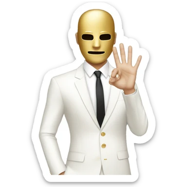 White suit Guy with gold Mask raising his right hand and looking down sticker