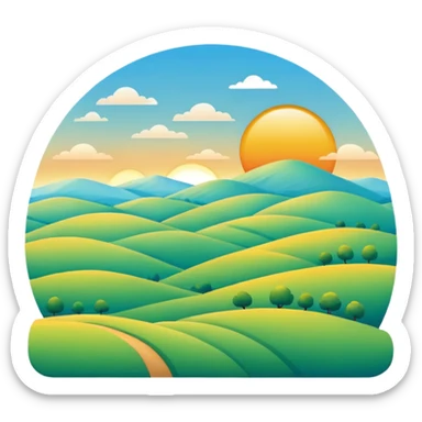 sunrise over rolling hills, clear sky, cheerful colors, minimalistic sticker