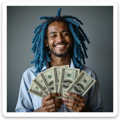 smiling realistic person with blue dreadlocks fanning out dollar bills, AI-generated photorealism sticker
