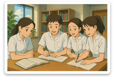 Groupe de quatre étudiants infirmiers, style Ghibli, en train de collaborer à l'intérieur, uniformes blancs à manches courtes, tuniques médicales col en V, poche poitrine à gauche, sans pied de col ni stéthoscopes, avant-bras nus, cheveux longs attachés. Décor intérieur moderne, ambiance positive. sticker