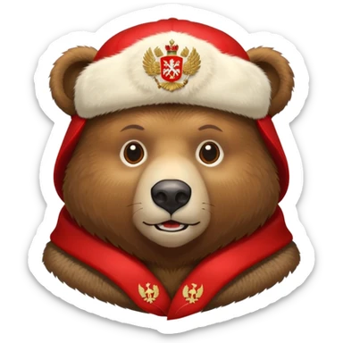 Russian brown bear wearing a red ushanka hat with Russian coat of arms emblem, front view, iOS emoji style sticker