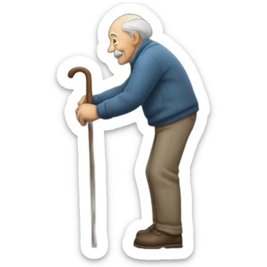 Old man leaning on a walking cane holding his back with the other hand sticker