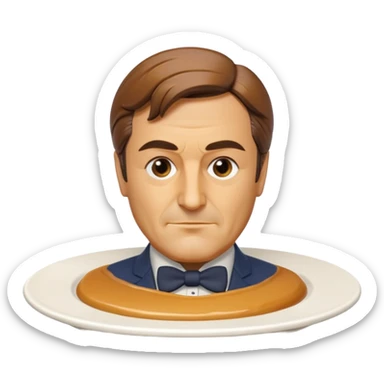 realistic flan dessert sculpted as François Fillon's bust, caramel hair, on a simple white round plate sticker