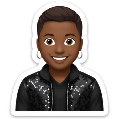 Nokio from Dru Hill with dark brown hair, black sequin outfit, dark skin sticker