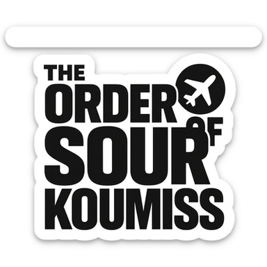 A retro 90s logo for 'The Order of Sour Koumiss' with bold typography and a subtle travel-related icon, in black and white sticker