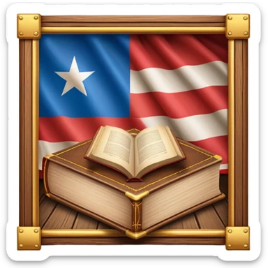 Historic book with theatre stage opening on cover, Puerto Rican flag visible on stage backdrop, wooden frame elements, glowing with warm light suggesting immortality of cultural heritage sticker
