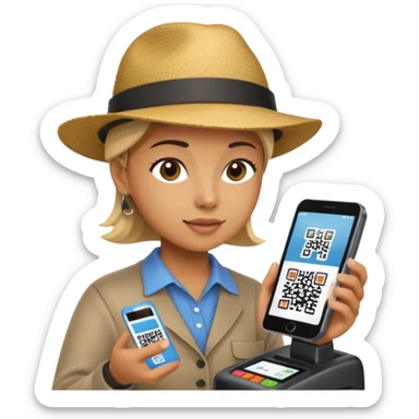 Draw a tourist who is using their phone to scan a QR code on a POS terminal. In the style of Apple emoji sticker