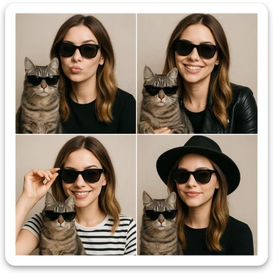 a white woman with light brown ombre hair and a grey tabby cat, both wearing black sunglasses and looking cool, in a variety of fun and stylish interpretations sticker