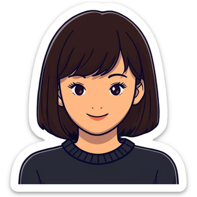 Pretty woman with dark brown bangs, subtle makeup, warm smile sticker