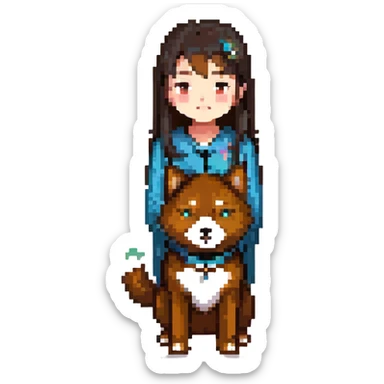Asian girl with dark brown hair and a black shiba inu sticker