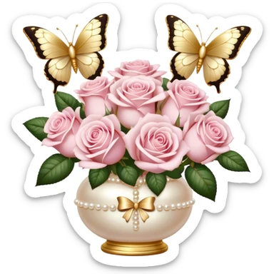 Realistic aesthetic bouquet of light pink roses in a pearl vase and a ivory bow with gold decoration and a butterfly with gold and beige wings sticker
