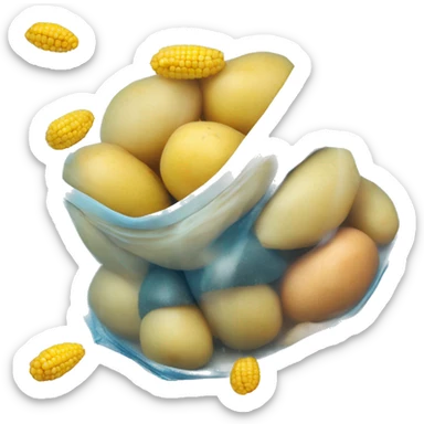 seafood with small potatoes and corn cobs inside a see-through bag sticker