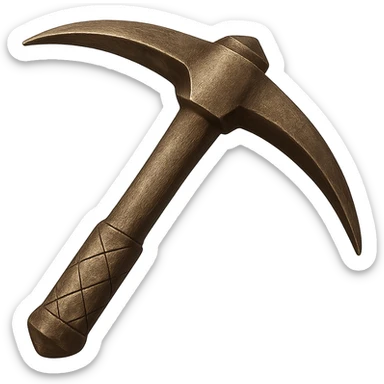 Change the color and texture to realistic bronze metal, making the pickaxe metallic, shiny, and worn. Keep the pickaxe's shape. The style should resemble emoji style with a transparent background. sticker