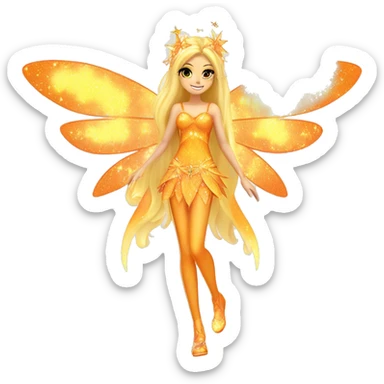 Stella adult fairy of the sun and the moon in her enchantix fairy orange two-piece clothing and fairy enchantix wings and long blonde hair from winx club. Lots of sparkles and fairydust. Full body pic and full fairy bliss sticker