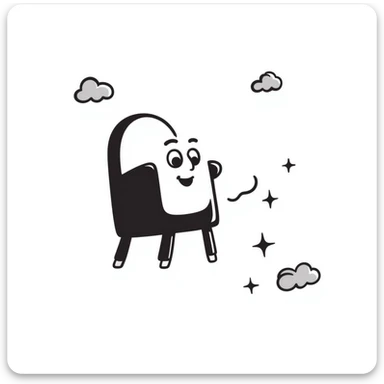 Hand-drawn flying chair with googly eyes and a happy expression, soaring through the sky sticker