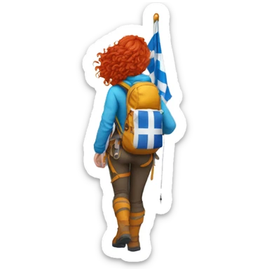 Female winter mountain climber red wavy hair climbing with Greek flag on backpack and holding Easter eggs basket sticker