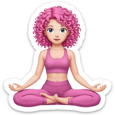 Woman with pink curly hair blue eyes in a pink yoga outfit doing yoga sticker